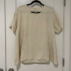 MAGNOLIA PEARL Distressed Patched Flannel Ivory S/S Top RARE OSFM